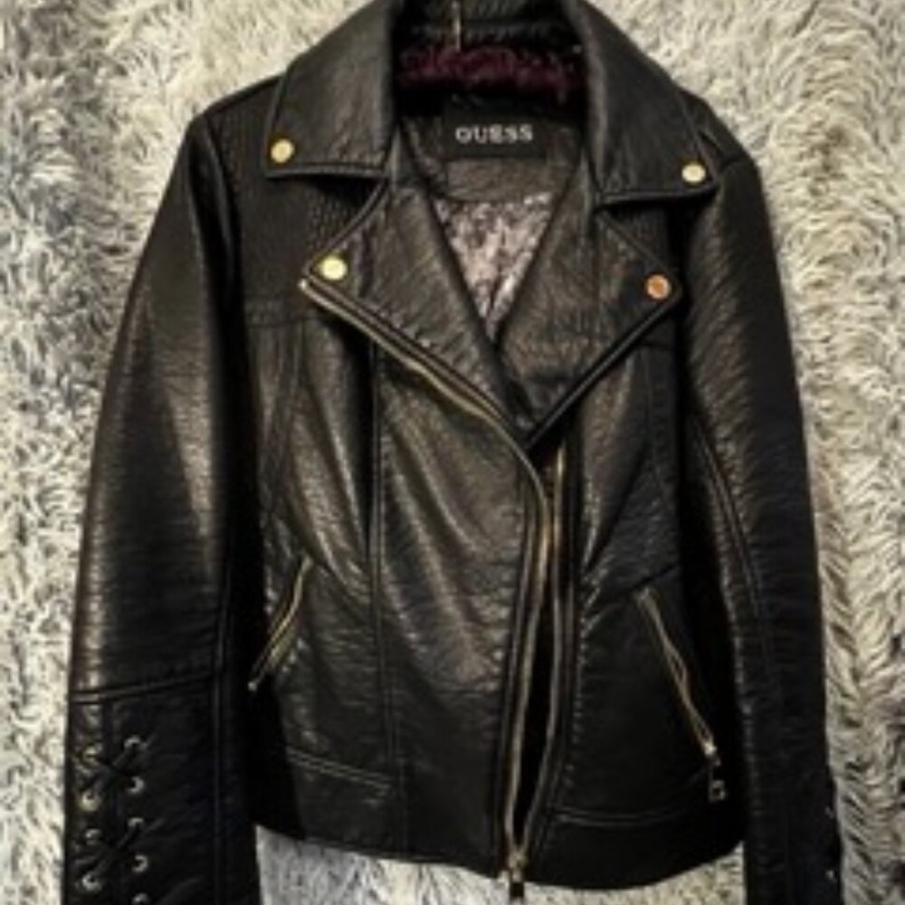 Vinateg GUESS Faux Leather Jacket. Black. XLarge